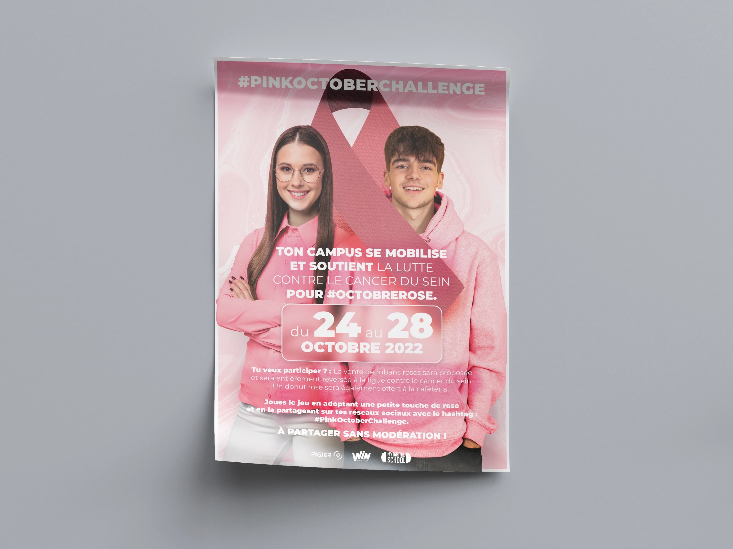 Affiche Octobre Rose avec une fille et un garçon sur fond rose avec le symbole